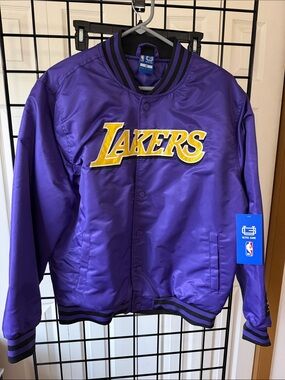 Ultra Game Purple Satin Lakers Logo Jacket with Yellow Embroidery